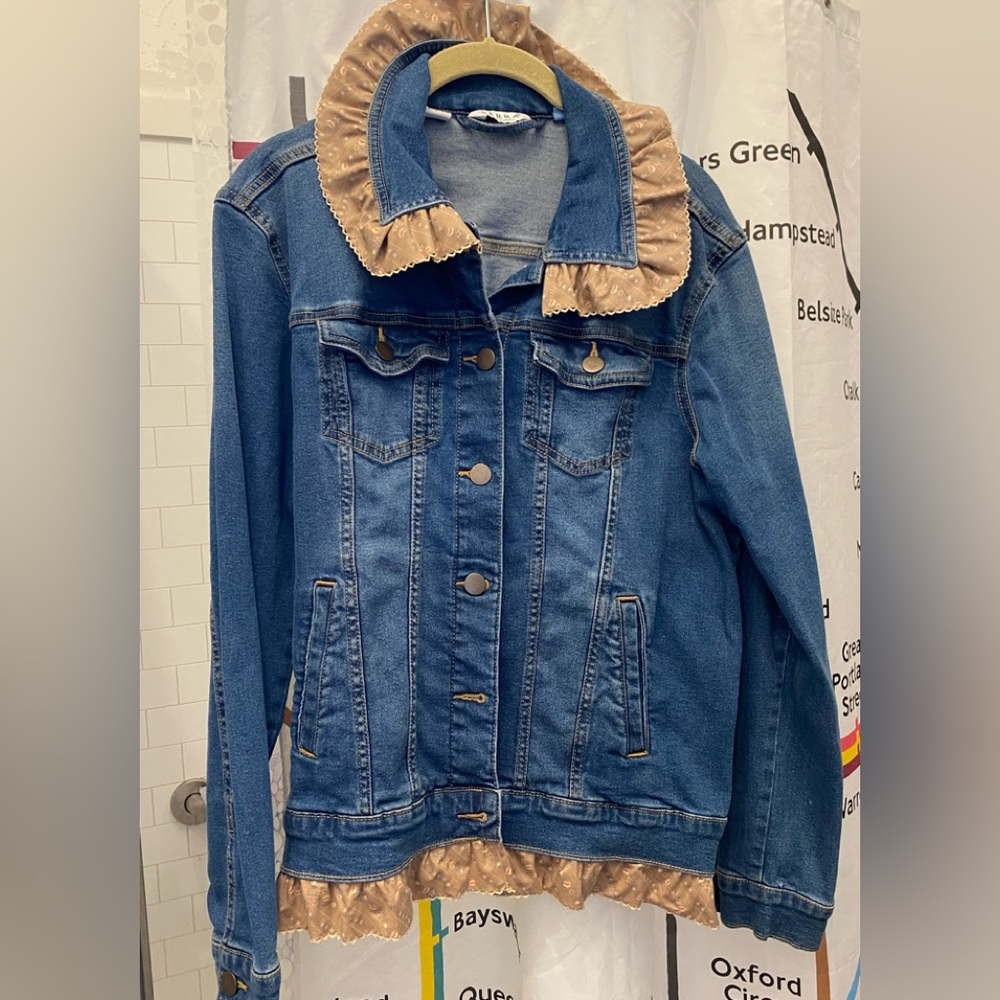 NWT L Blue Denim Stretch Jacket with Lace Tan Accents